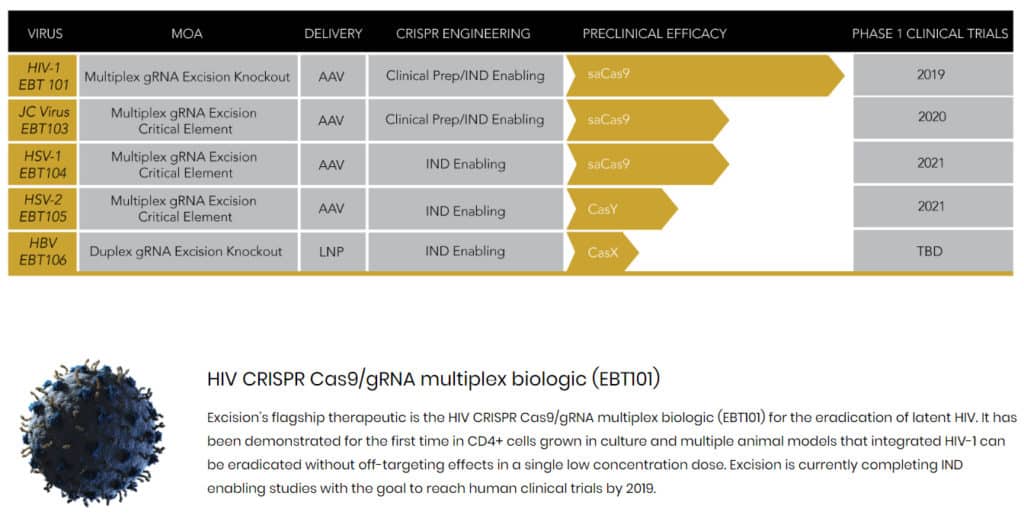 The drug pipeline from Excision BioTherapeutics.