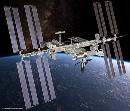 An illustration of the Dream Chaser docked at the ISS.