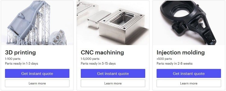 3D printing, CNC machining, and injection molding