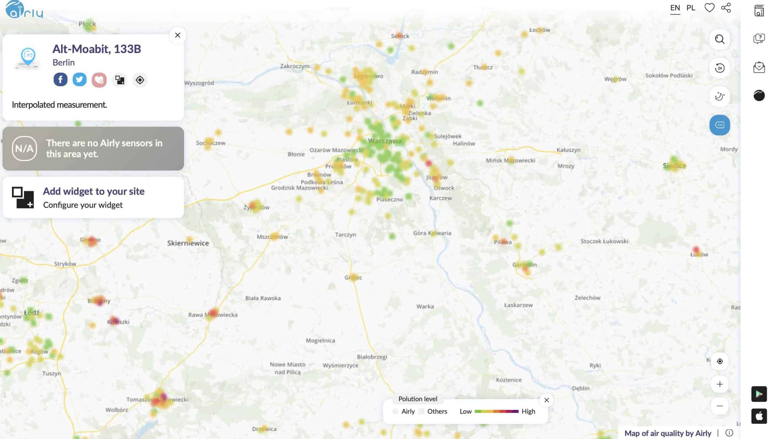 Airly's coverage of air pollution in Warsaw