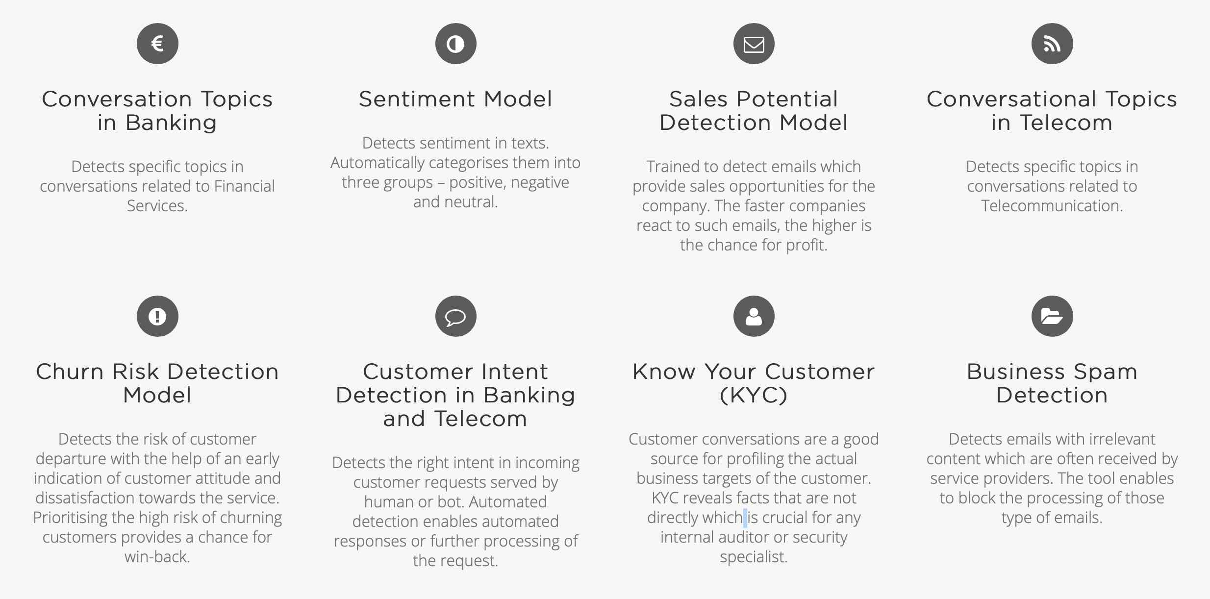 Feelingstream's eight off the shelf models include sentiment, sales potential, and customer churn detection