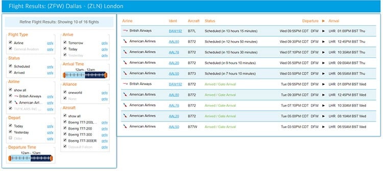 Schedule of flights between two cities.
