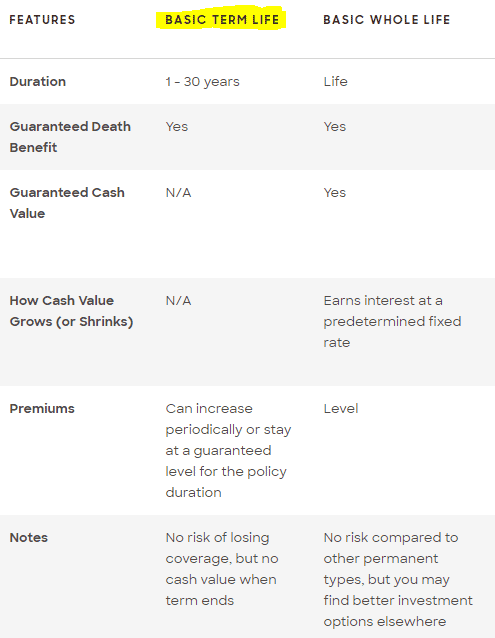 Basic term life vs. basic whole life