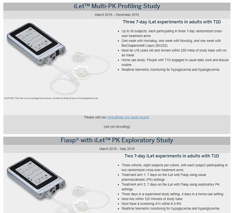 2019 clinical trials for Beta Bionic's iLet Bionic Pancreas.