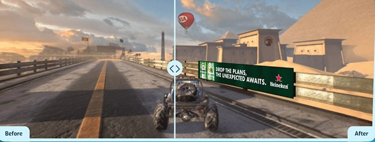 A split before-after screen on AR advertising integration.