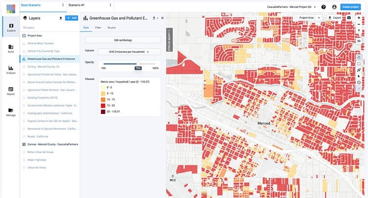 An UrbanFootprint analysis of greenhouse gas emissions per household in Merced, California, helped planners understand the impact of land management use and smart city growth. 