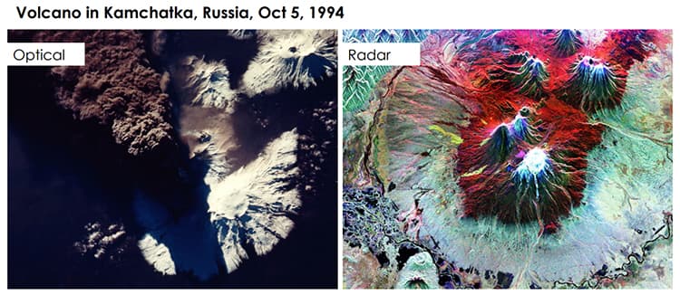 Optical imagery versus radar imagery from space-based sensors. 