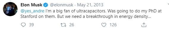 An Elon Musk tweet about ultracapacitors
