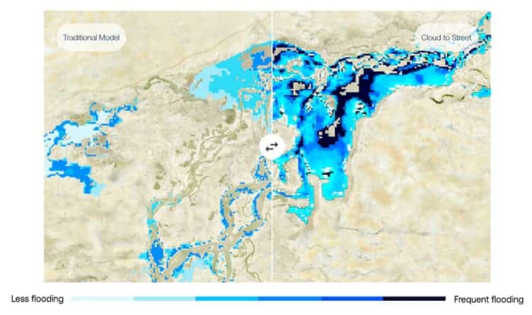 Graphic shows better results for flood detection using satellites and AI.