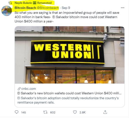 Image on Twitter showing headlines talking about how El Salvador's adoption of Bitcoin will screw Western Union out of $400 million in fees. Credit: Twitter