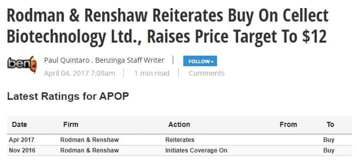 Rodman & Renshaw price target on Cellect Biotechnology