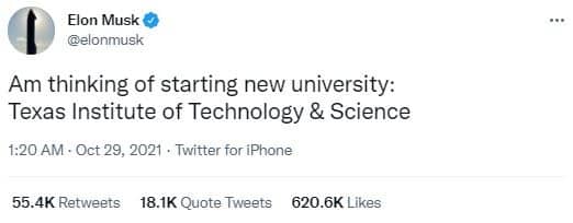 Twitter screenshot of Elon Musk's tweet. Credit: Twitter