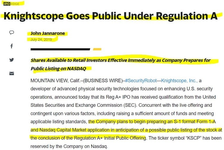 article from IPO Edge dated July 2019 seems like deja vu where it says Knightscope Goes Public Under Regulation A. Credit: Yahoo Finance