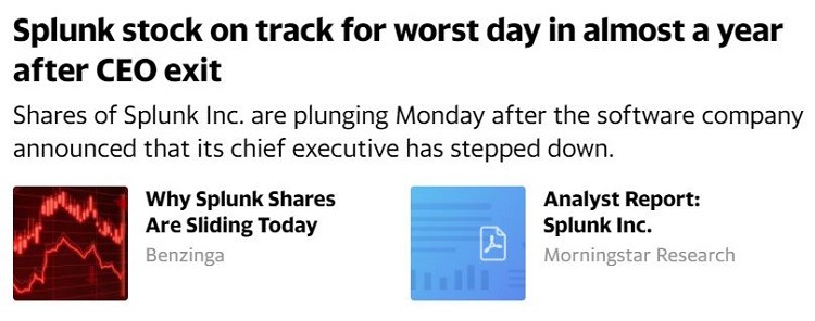 News bit about Splunk's stock shares plunging after CEO exit. Credit: Yahoo Finance