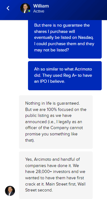 screen shots of chats of the CEO himself on their investor page. Credit: Knightscope website chat