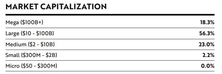 Breakdown for the ARK Innovation ETF's (ARKK) five categories of stock sizes