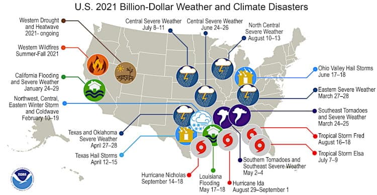 Billion-dollar weather disasters in the United States in 2021.