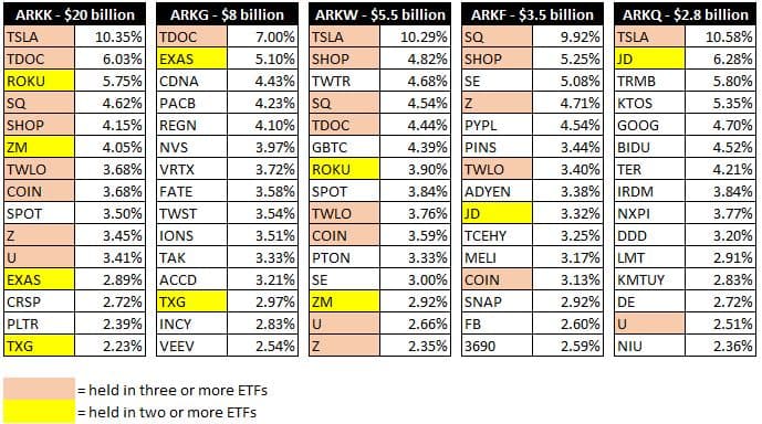 ARK ETF stock concentration in May 2021 - Credit: Nanalyze