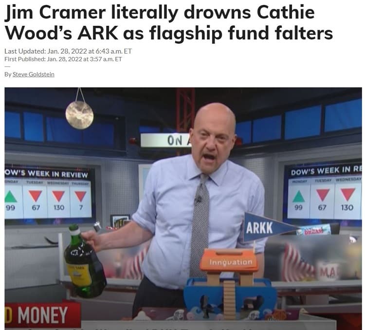 Image of Jim Cramer literally drowning Cathie Wood's ARK as flagship fund falters