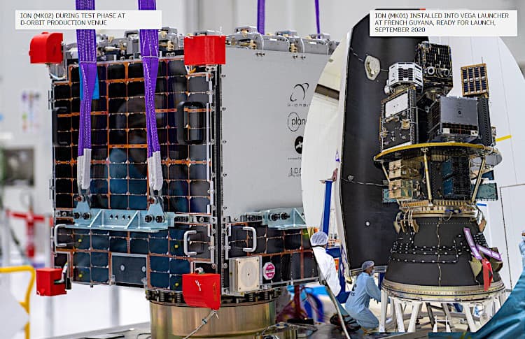 The D-Orbit ION vehicle, left, and preparing it for its first mission.