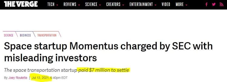 An article from The Verge about SEC charging Momentus with misleading investors.