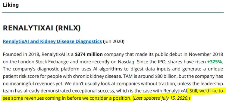 Screenshot of the Nanalyze report on Renalytix A back in Jun 2020