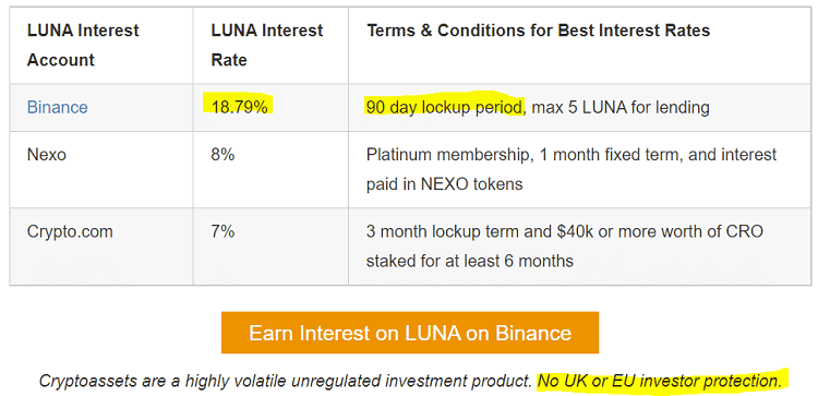 Twenty percent interest rates on Luna on Binance