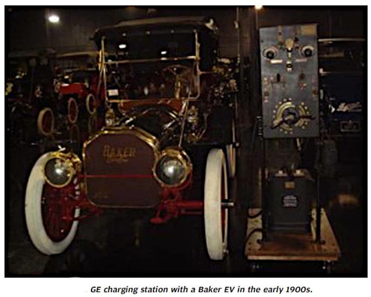 Image of GE charging station with a Baker EV in the early 1900s