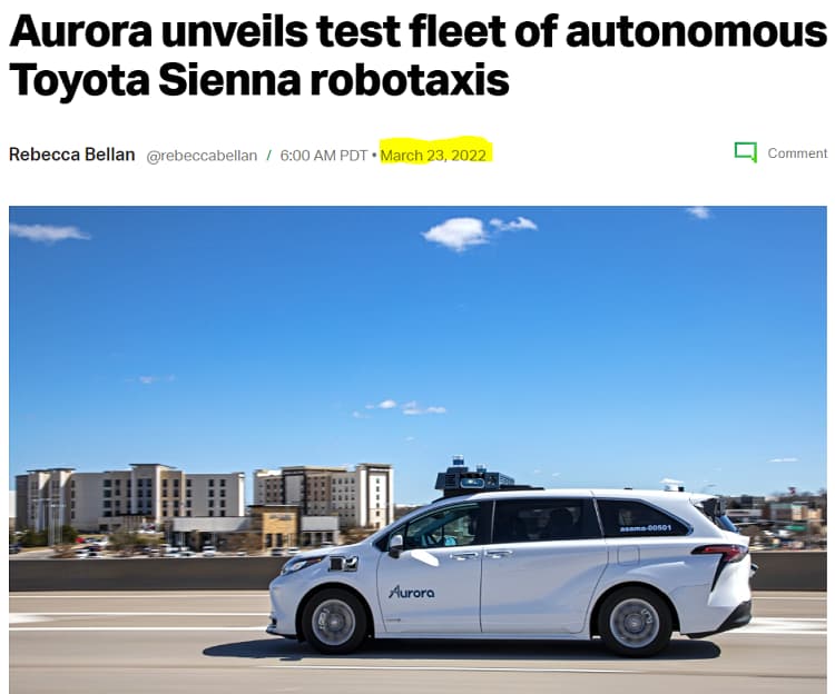 Screenshot of article writing Aurora unveiling test fleet of autonomous Toyota Sienna Robotaxis