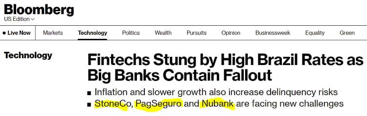 Screenshot showing an article by Bloomberg several months back talking about how higher interest rates are creating problems for StoneCo and their competition.
