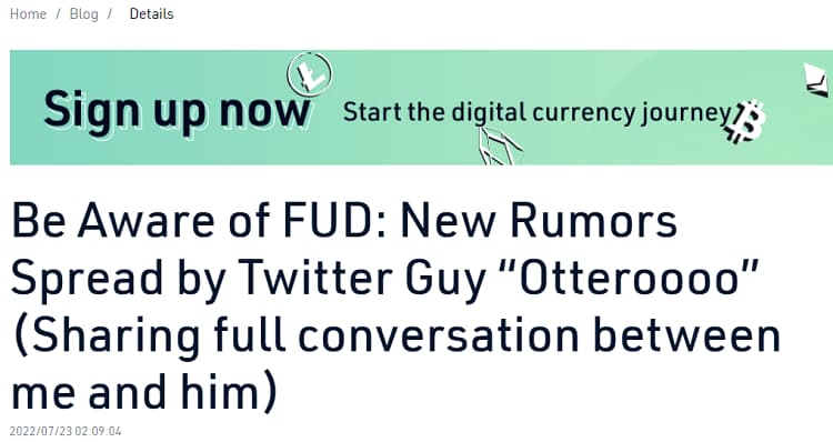 Screenshot of the CEO of KuCoin posting on the company blog his conversations with otterooo