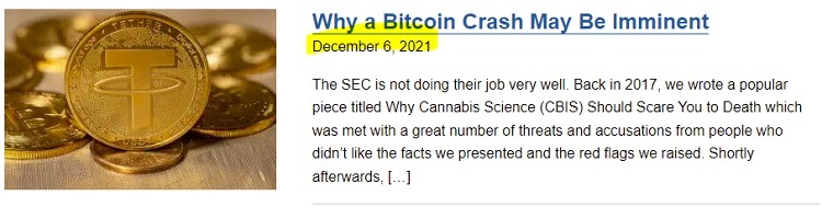 Screenshot of Nanalyze article warning of why a Bitcoin crash may be imminent