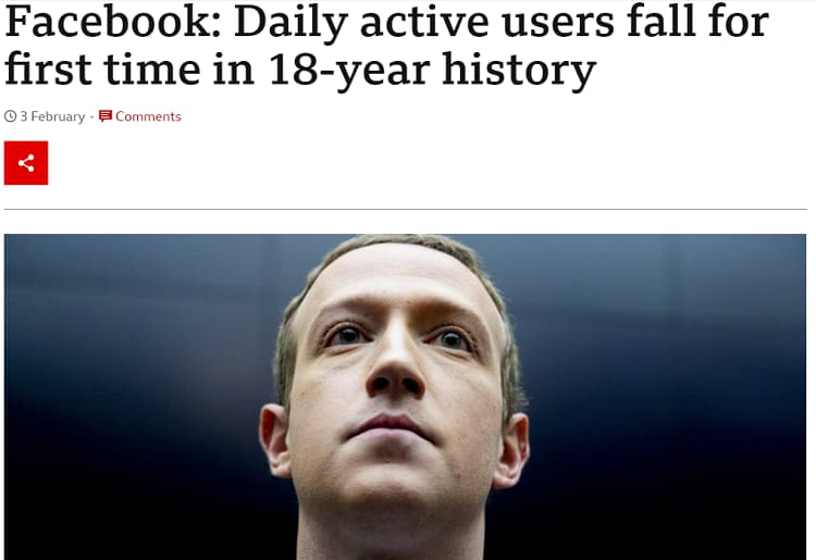 Article headline on Facebook saying Daily Active users fall for first time in 18-year history