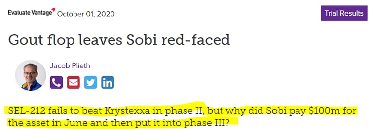 Screenshot showing an article comparing KRYSTEXXA with SEL-212 from Evaluate Vantage