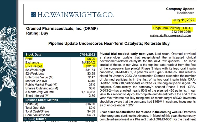H.C. Wainwright & CO still peddling Oramed Pharmaceuticals
