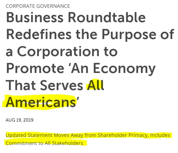 Headline showing "Business Roundtable  Redefines the Purpose of a Corporation to promote an Economy that serves all Americans"