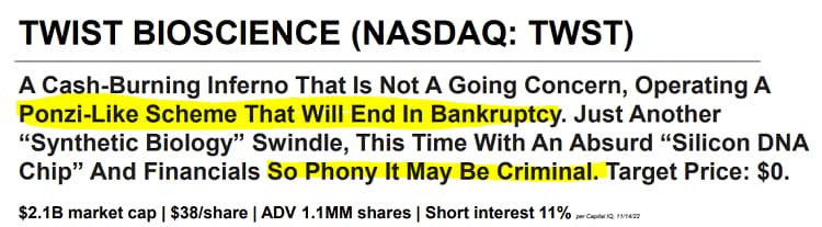 Scorpion Capital's short seller report headline on Twist Bioscience