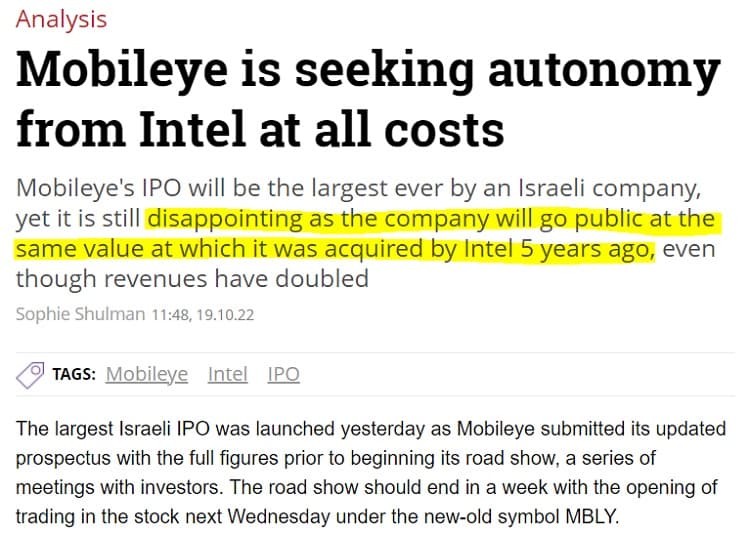 Screenshot of an article published by CTech about Mobileye